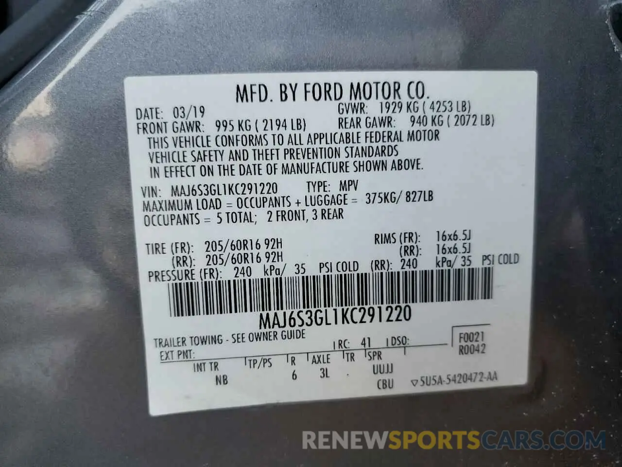 12 Photograph of a damaged car MAJ6S3GL1KC291220 FORD ECOSPORT 2019