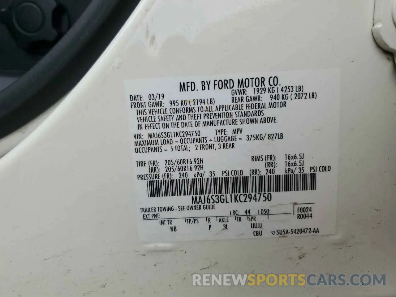 13 Photograph of a damaged car MAJ6S3GL1KC294750 FORD ECOSPORT 2019