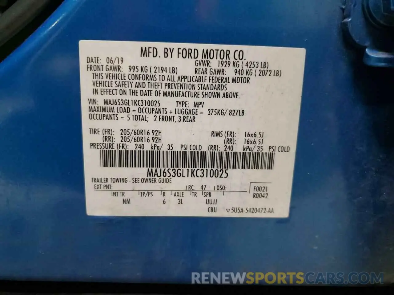 13 Photograph of a damaged car MAJ6S3GL1KC310025 FORD ECOSPORT 2019