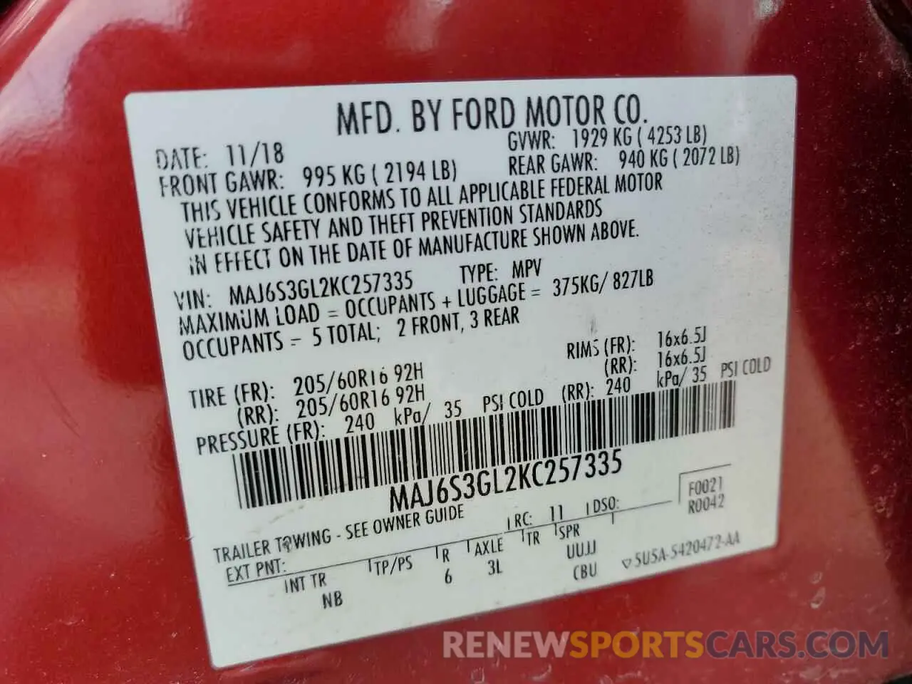 13 Photograph of a damaged car MAJ6S3GL2KC257335 FORD ECOSPORT 2019