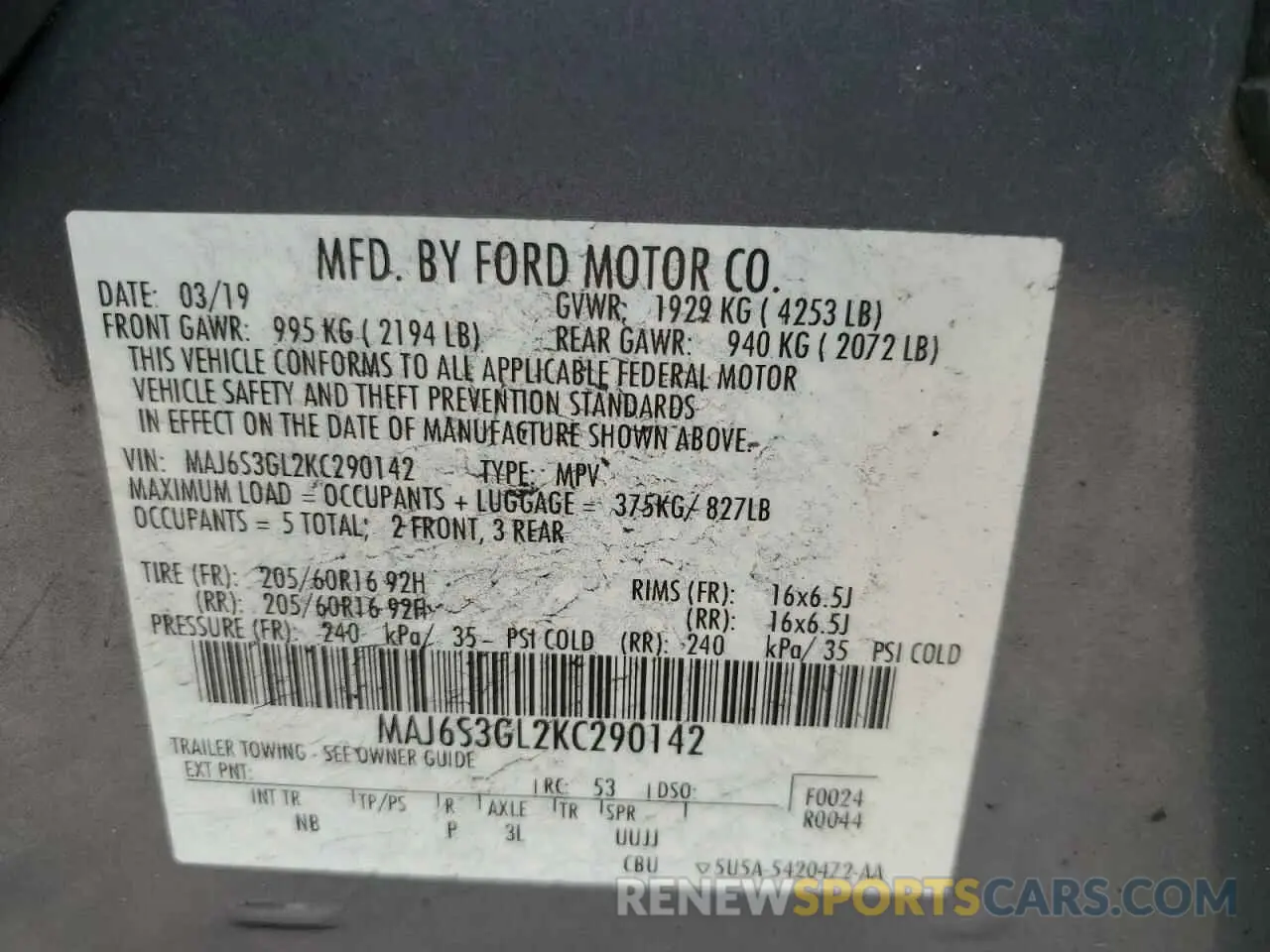 12 Photograph of a damaged car MAJ6S3GL2KC290142 FORD ECOSPORT 2019
