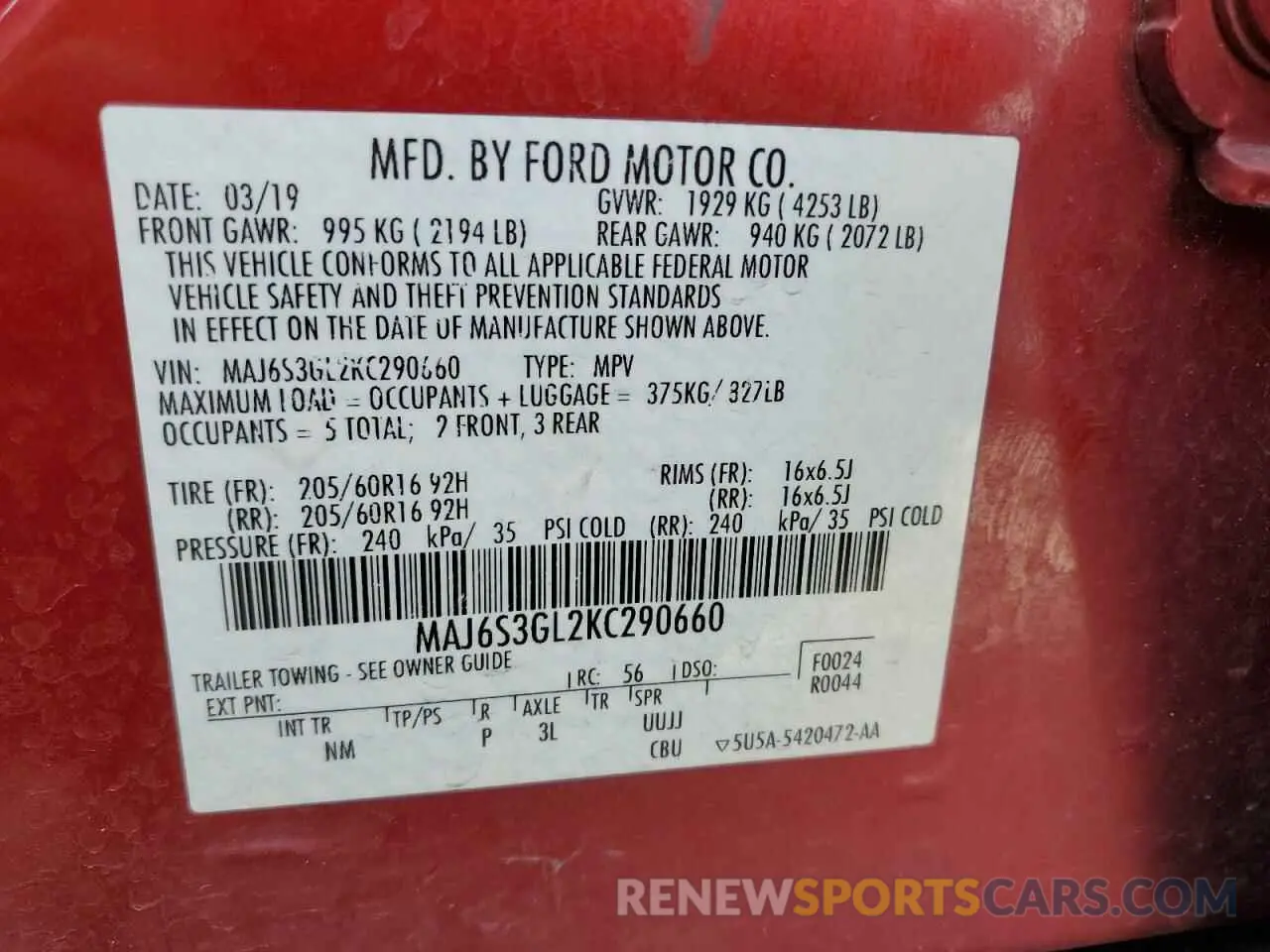 15 Photograph of a damaged car MAJ6S3GL2KC290660 FORD ECOSPORT 2019