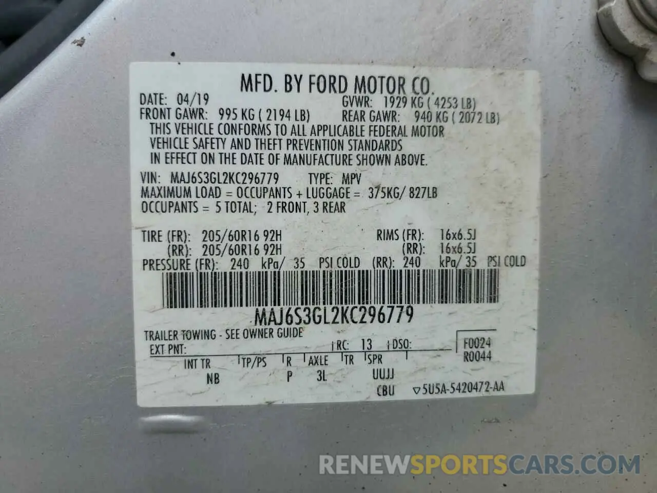 13 Photograph of a damaged car MAJ6S3GL2KC296779 FORD ECOSPORT 2019
