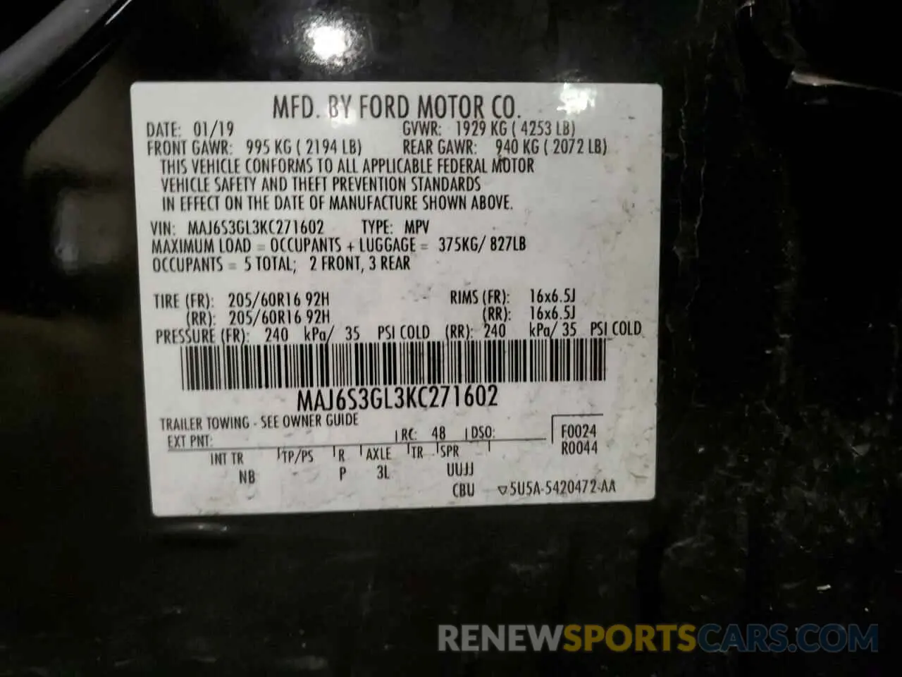 13 Photograph of a damaged car MAJ6S3GL3KC271602 FORD ECOSPORT 2019