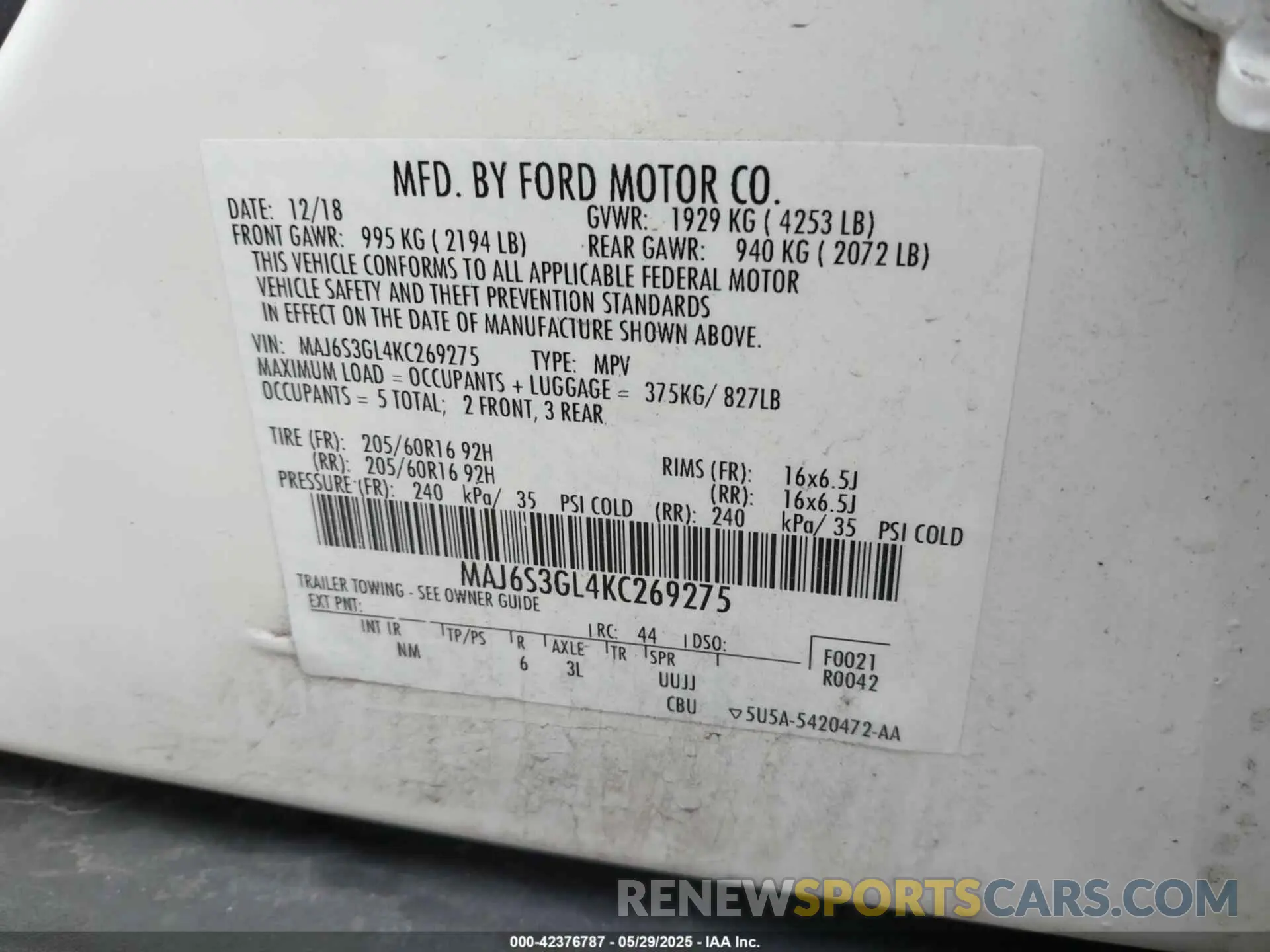 9 Photograph of a damaged car MAJ6S3GL4KC269275 FORD ECOSPORT 2019