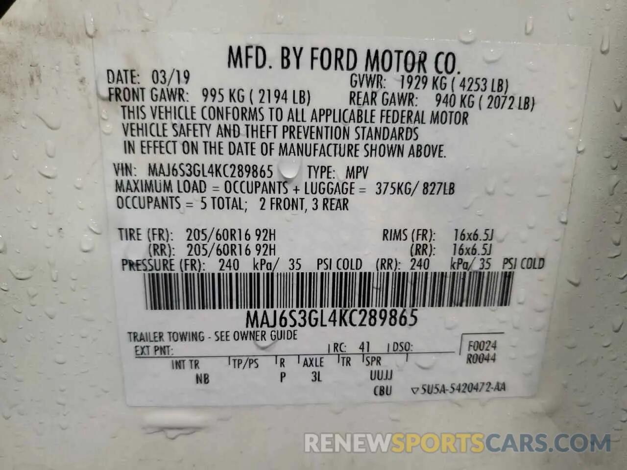 13 Photograph of a damaged car MAJ6S3GL4KC289865 FORD ECOSPORT 2019