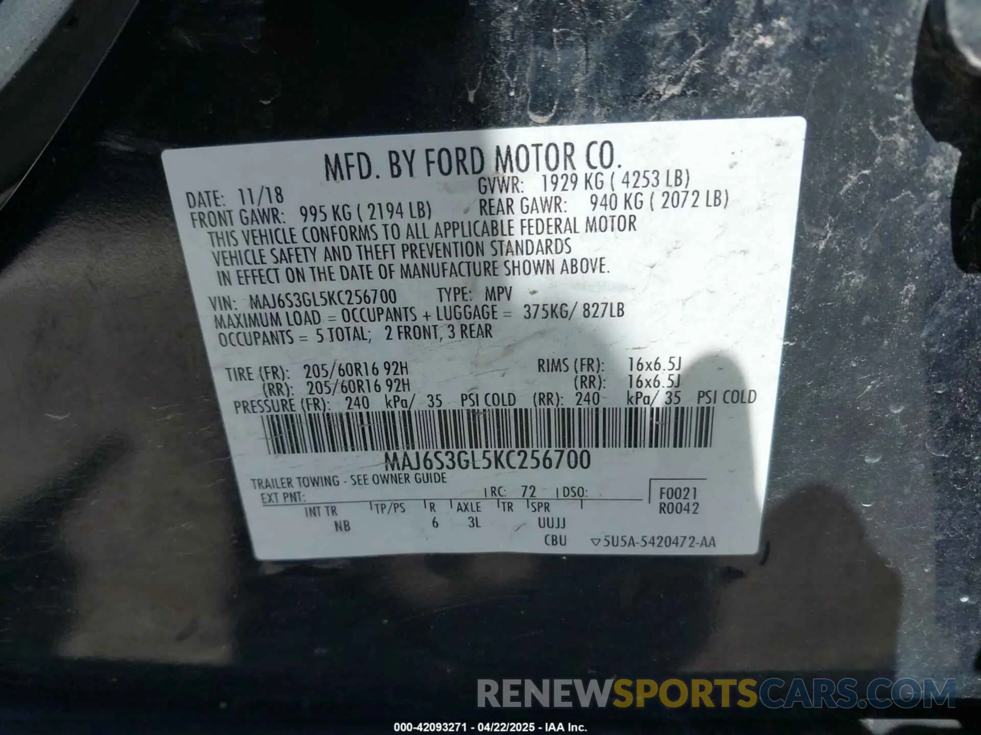 9 Photograph of a damaged car MAJ6S3GL5KC256700 FORD ECOSPORT 2019