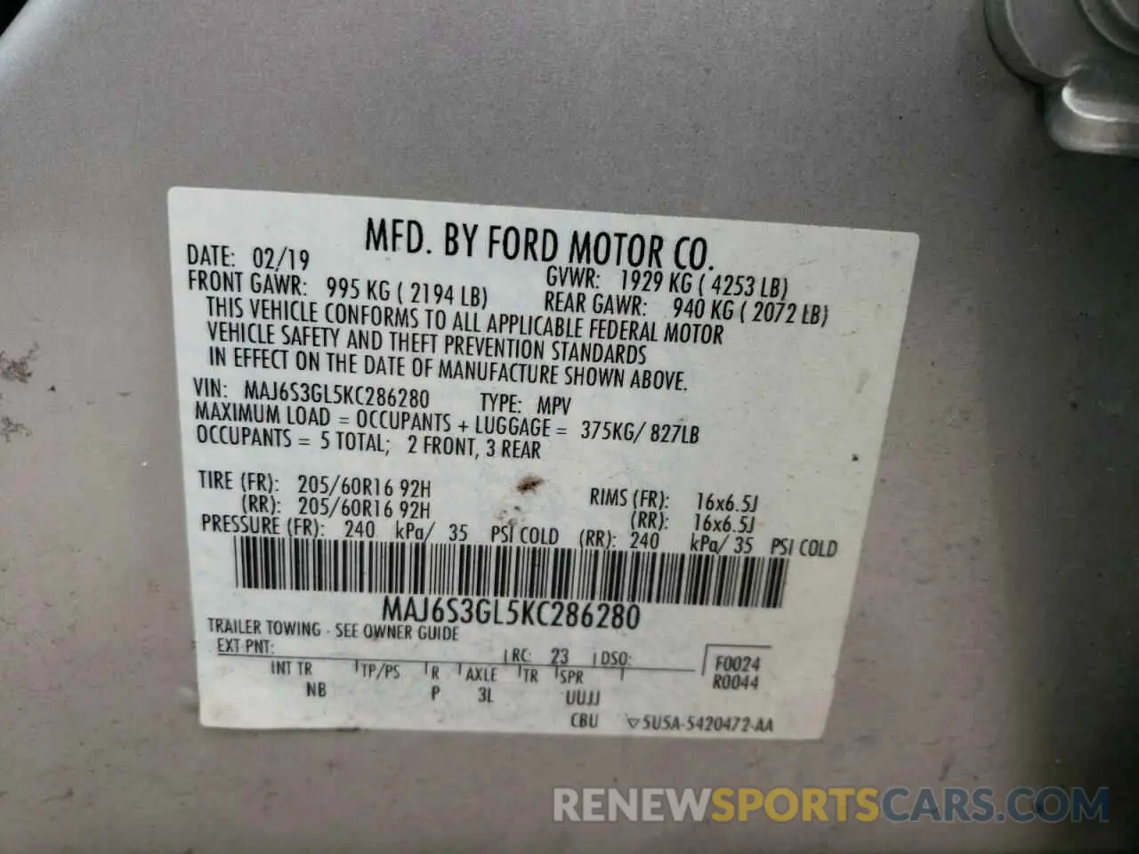 14 Photograph of a damaged car MAJ6S3GL5KC286280 FORD ECOSPORT 2019
