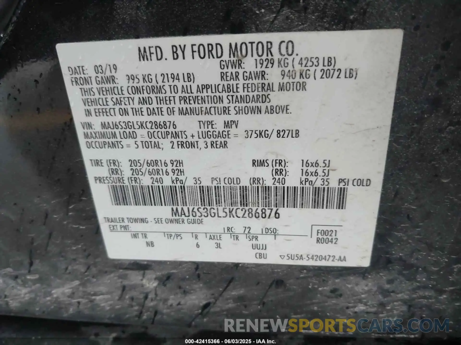 9 Photograph of a damaged car MAJ6S3GL5KC286876 FORD ECOSPORT 2019