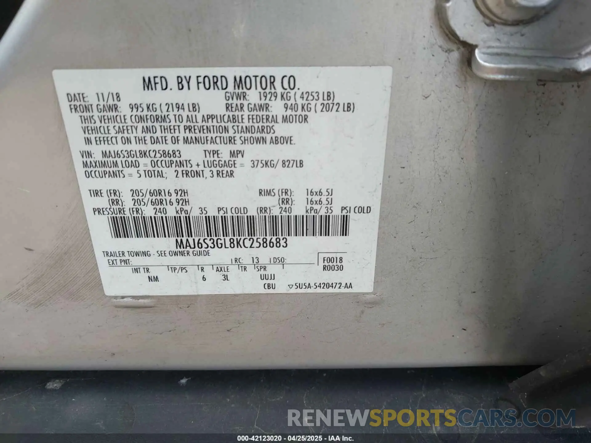 9 Photograph of a damaged car MAJ6S3GL8KC258683 FORD ECOSPORT 2019