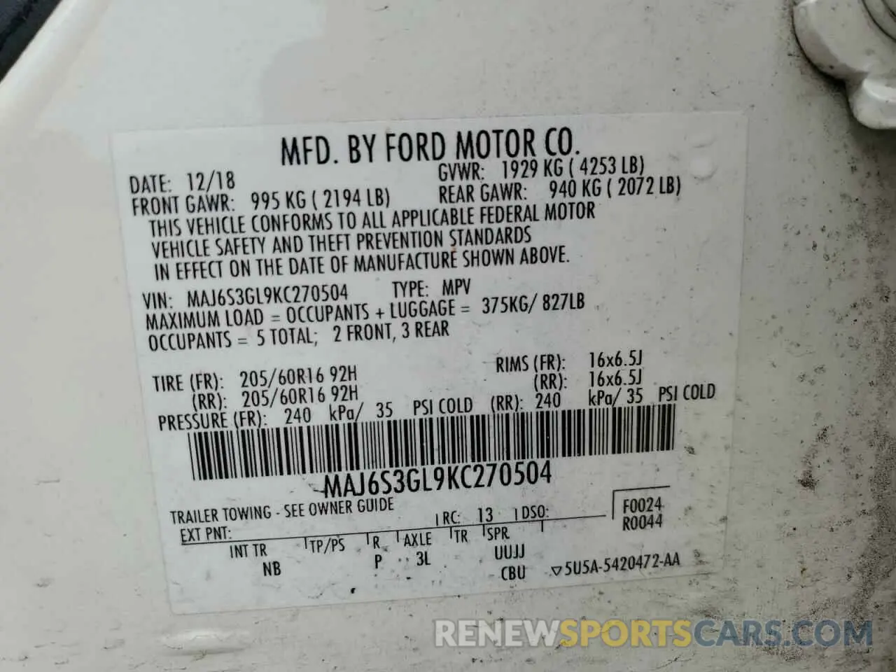 13 Photograph of a damaged car MAJ6S3GL9KC270504 FORD ECOSPORT 2019