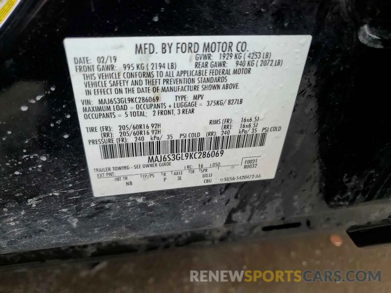 14 Photograph of a damaged car MAJ6S3GL9KC286069 FORD ECOSPORT 2019