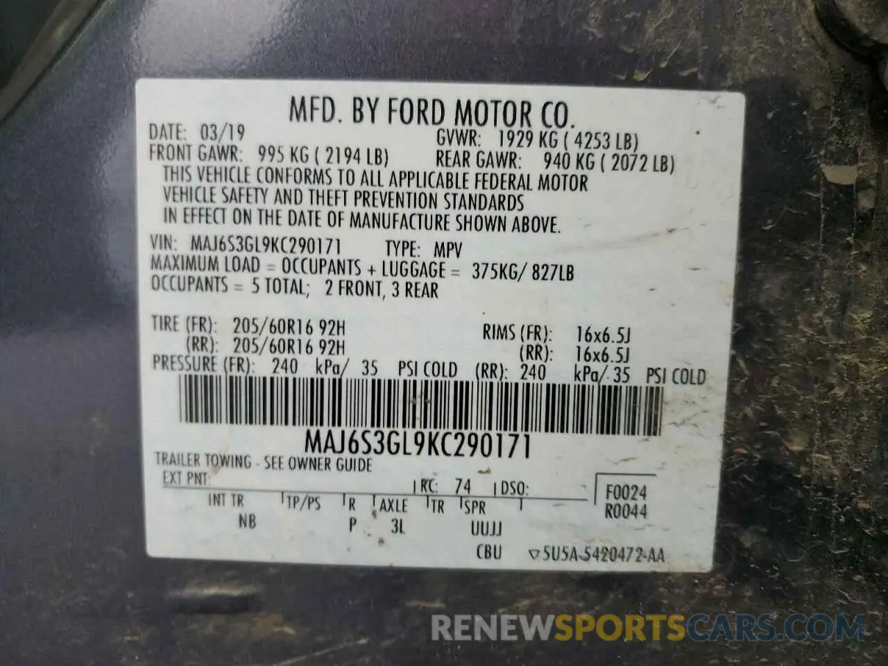 12 Photograph of a damaged car MAJ6S3GL9KC290171 FORD ECOSPORT 2019