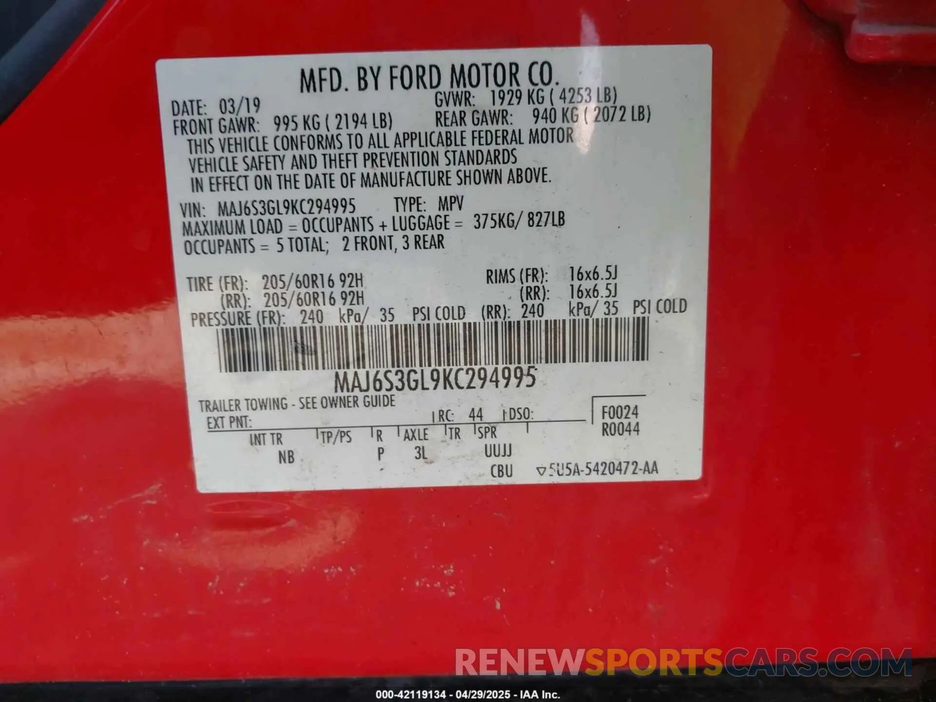 9 Photograph of a damaged car MAJ6S3GL9KC294995 FORD ECOSPORT 2019