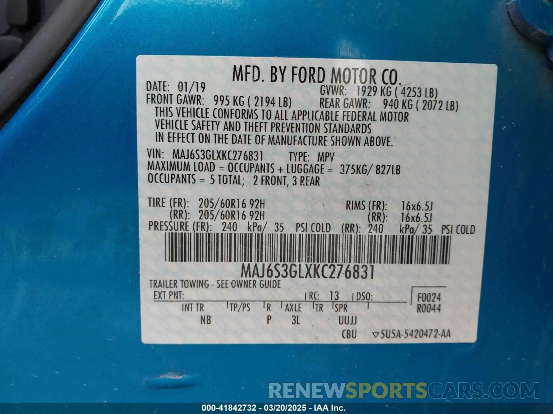 9 Photograph of a damaged car MAJ6S3GLXKC276831 FORD ECOSPORT 2019