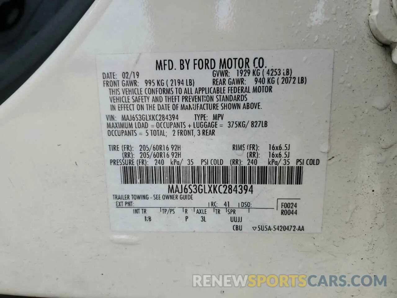 13 Photograph of a damaged car MAJ6S3GLXKC284394 FORD ECOSPORT 2019