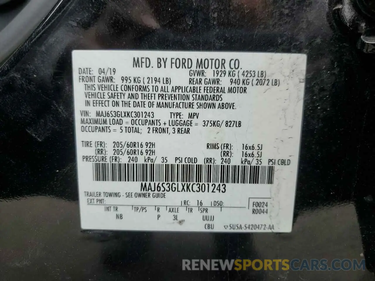 13 Photograph of a damaged car MAJ6S3GLXKC301243 FORD ECOSPORT 2019