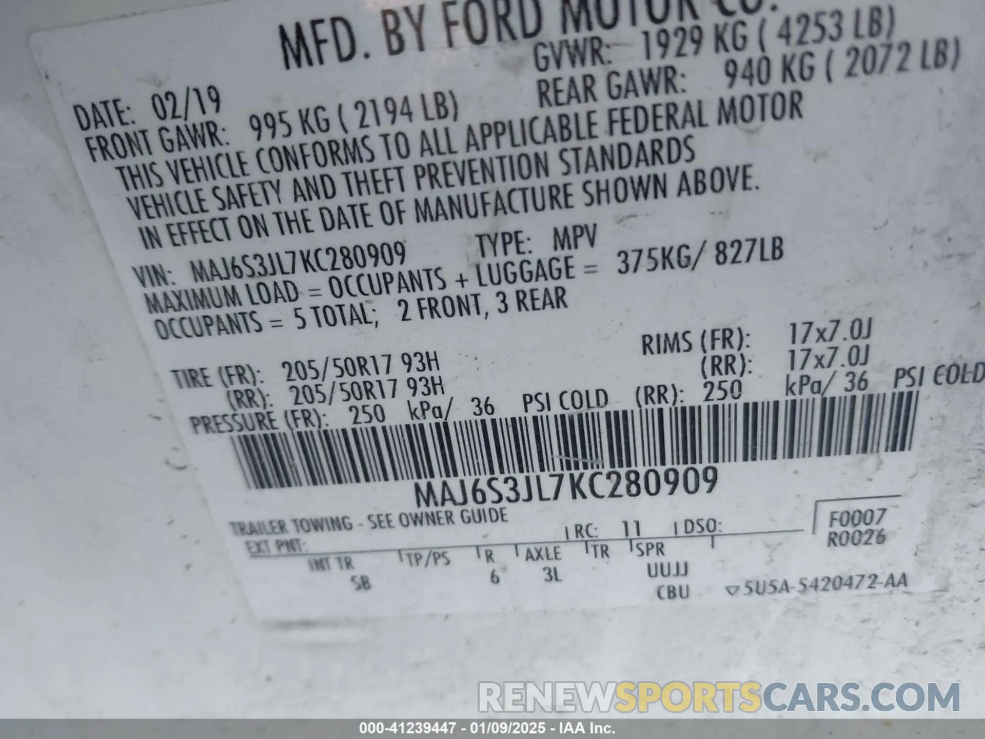 9 Photograph of a damaged car MAJ6S3JL7KC280909 FORD ECOSPORT 2019