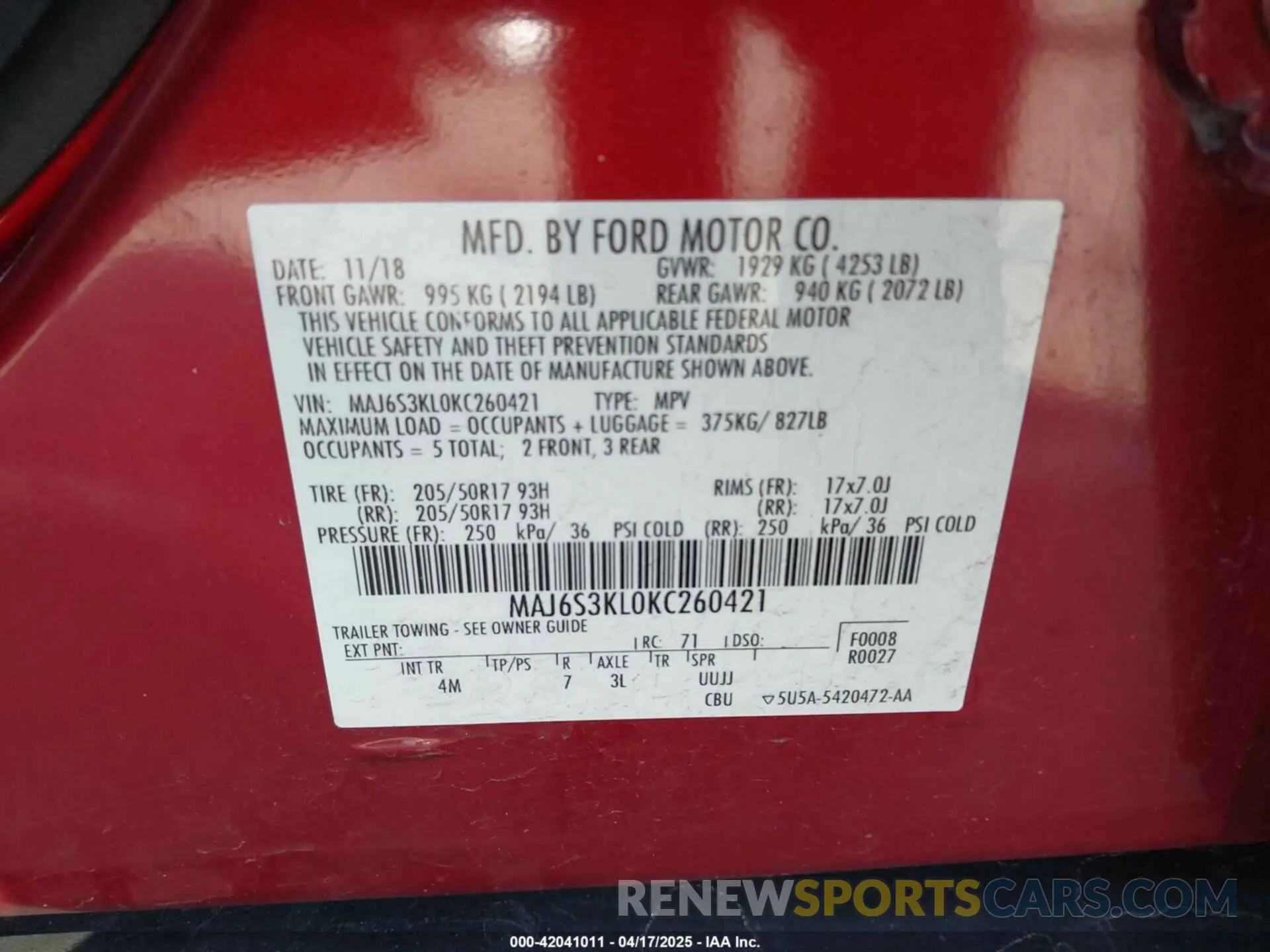 9 Photograph of a damaged car MAJ6S3KL0KC260421 FORD ECOSPORT 2019