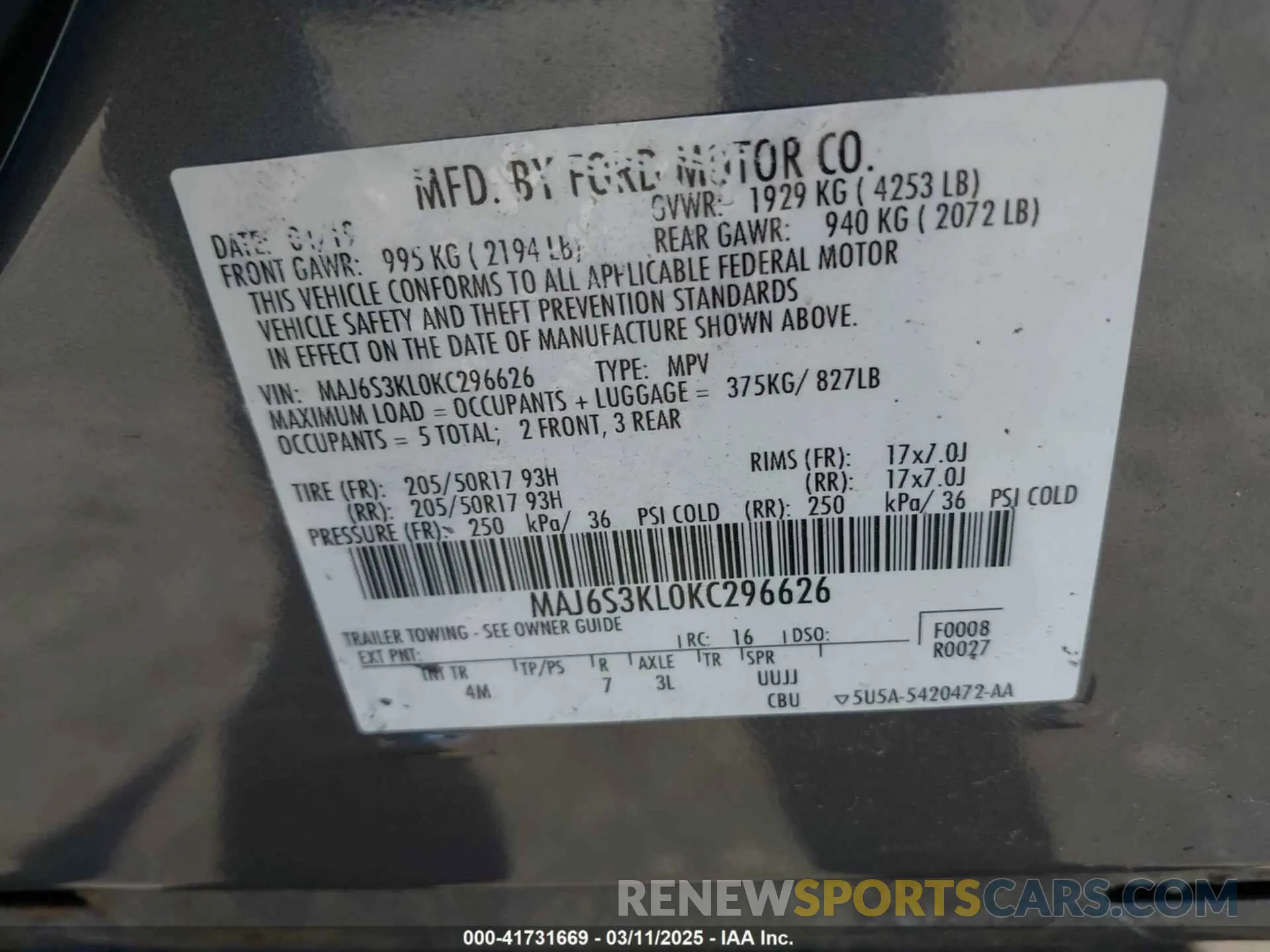 9 Photograph of a damaged car MAJ6S3KL0KC296626 FORD ECOSPORT 2019
