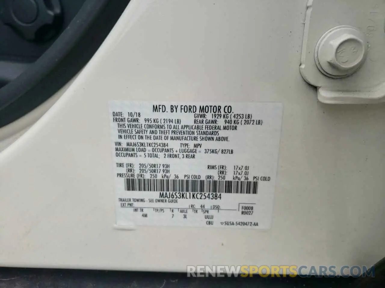 10 Photograph of a damaged car MAJ6S3KL1KC254384 FORD ECOSPORT 2019