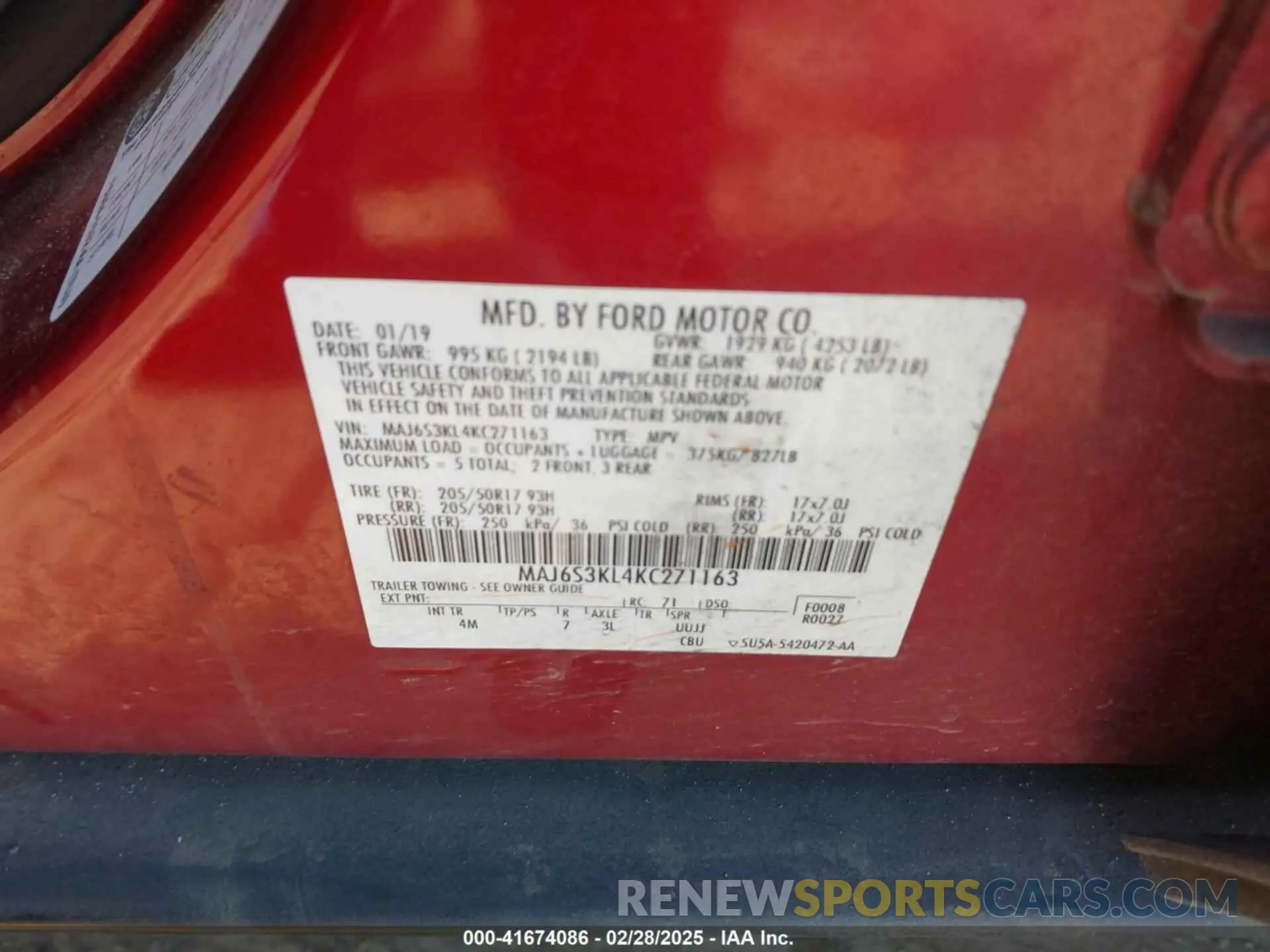 9 Photograph of a damaged car MAJ6S3KL4KC271163 FORD ECOSPORT 2019