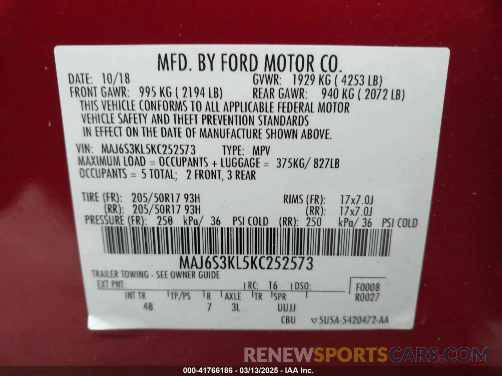 9 Photograph of a damaged car MAJ6S3KL5KC252573 FORD ECOSPORT 2019