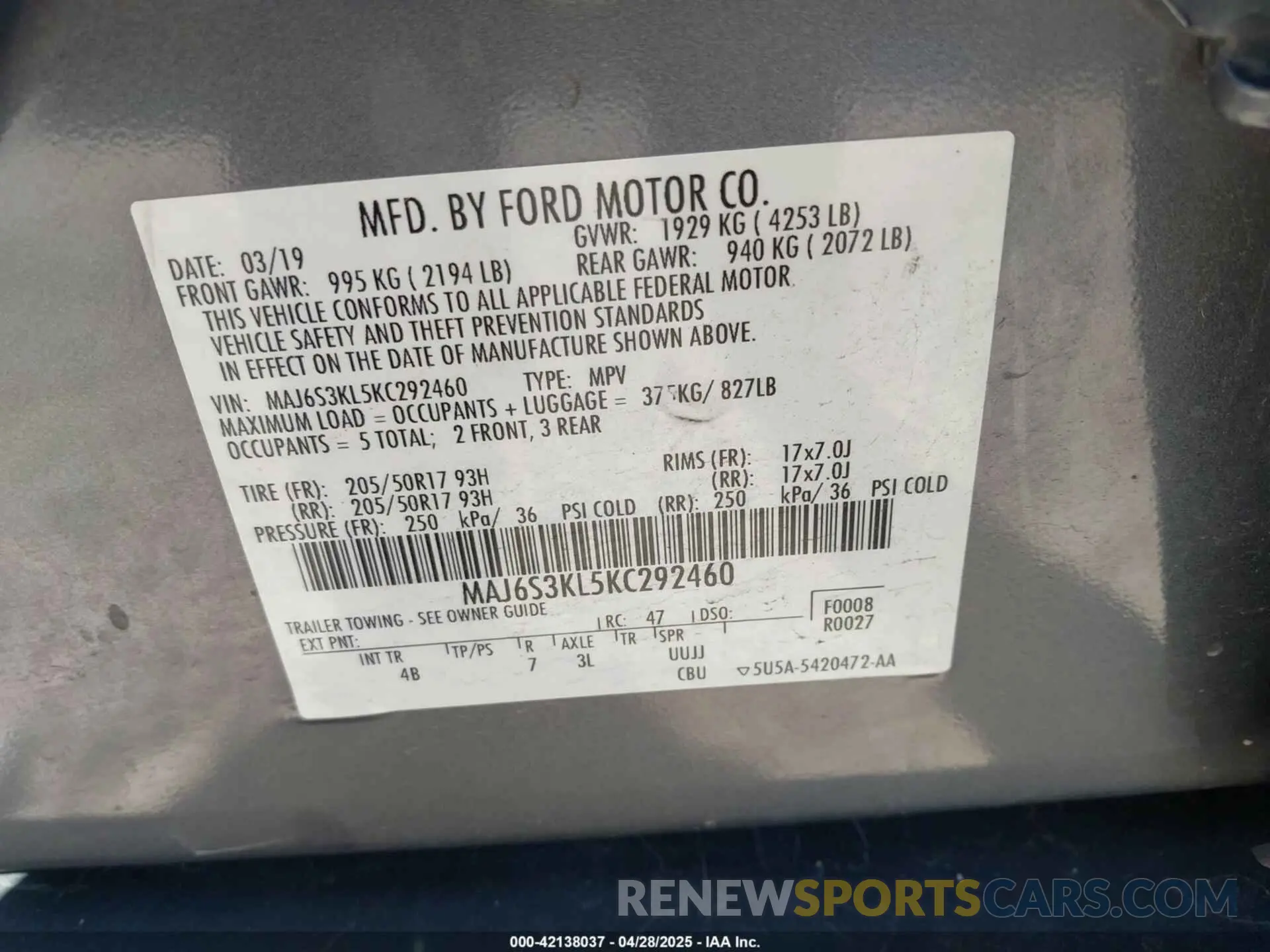 9 Photograph of a damaged car MAJ6S3KL5KC292460 FORD ECOSPORT 2019