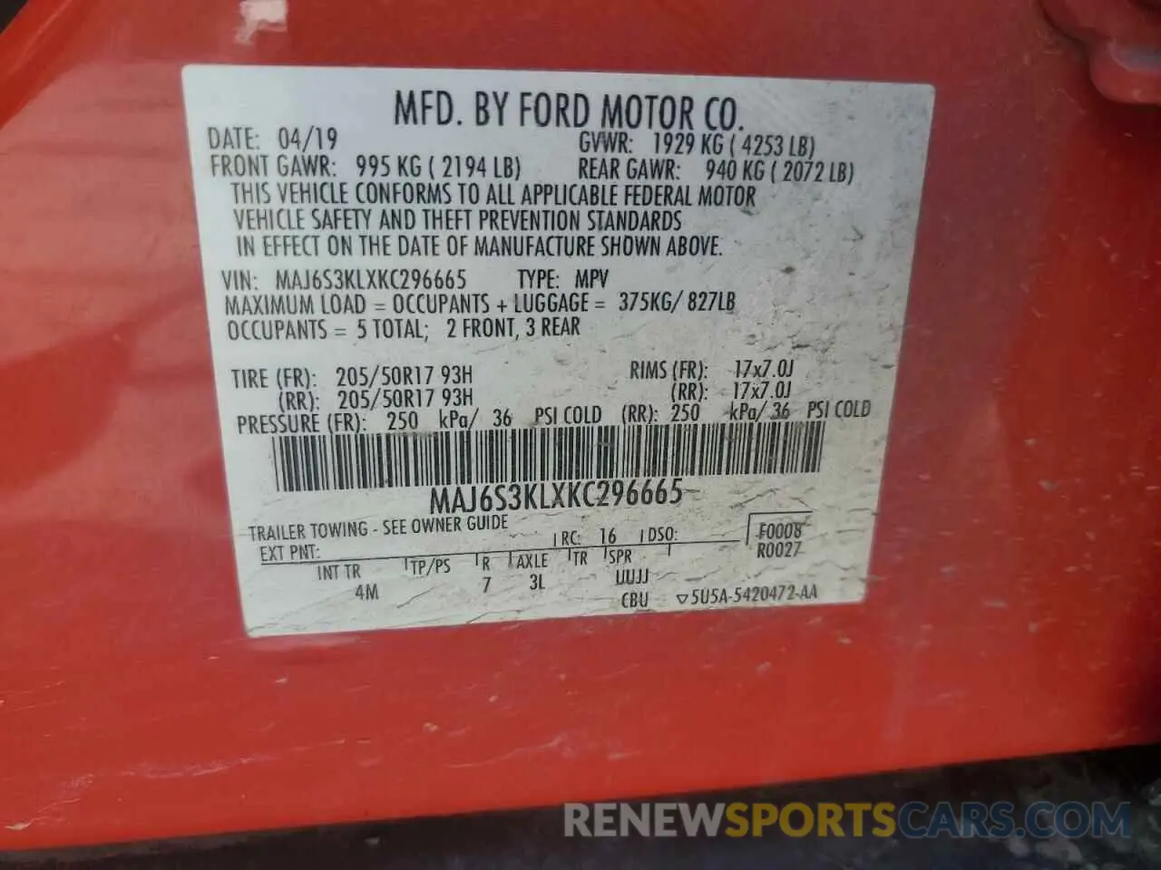 13 Photograph of a damaged car MAJ6S3KLXKC296665 FORD ECOSPORT 2019