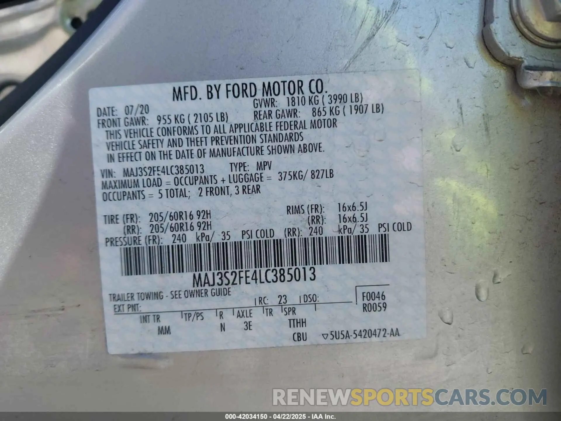 9 Photograph of a damaged car MAJ3S2FE4LC385013 FORD ECOSPORT 2020