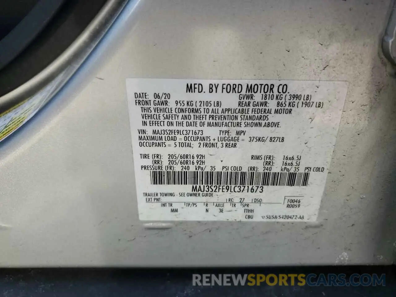 14 Photograph of a damaged car MAJ3S2FE9LC371673 FORD ECOSPORT 2020