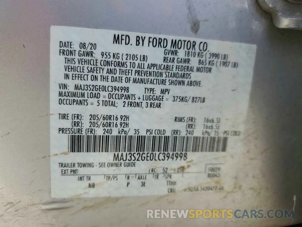 16 Photograph of a damaged car MAJ3S2GE0LC394998 FORD ECOSPORT 2020