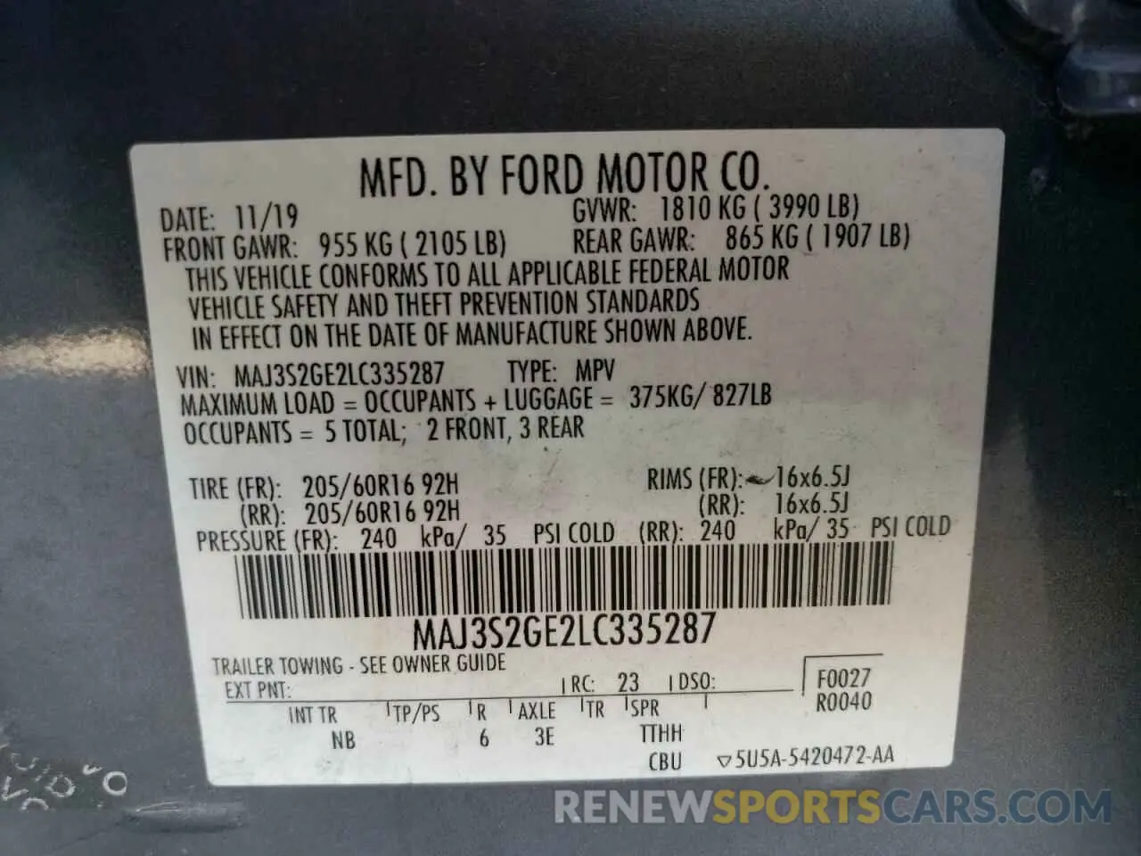 16 Photograph of a damaged car MAJ3S2GE2LC335287 FORD ECOSPORT 2020