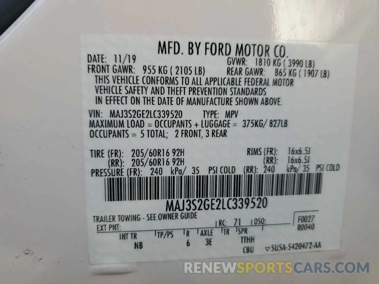 14 Photograph of a damaged car MAJ3S2GE2LC339520 FORD ECOSPORT 2020