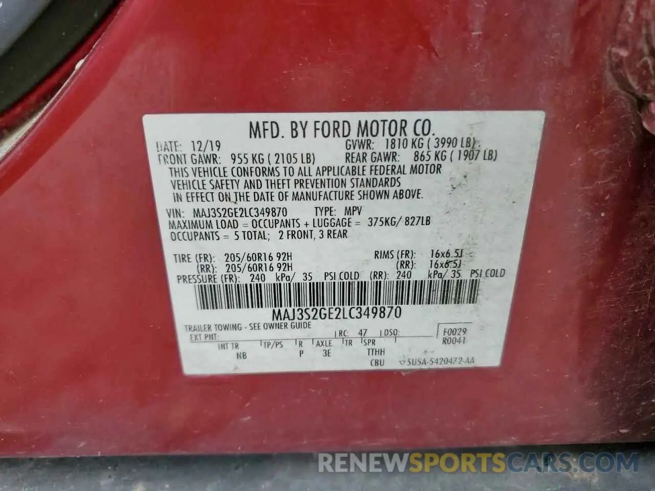 13 Photograph of a damaged car MAJ3S2GE2LC349870 FORD ECOSPORT 2020