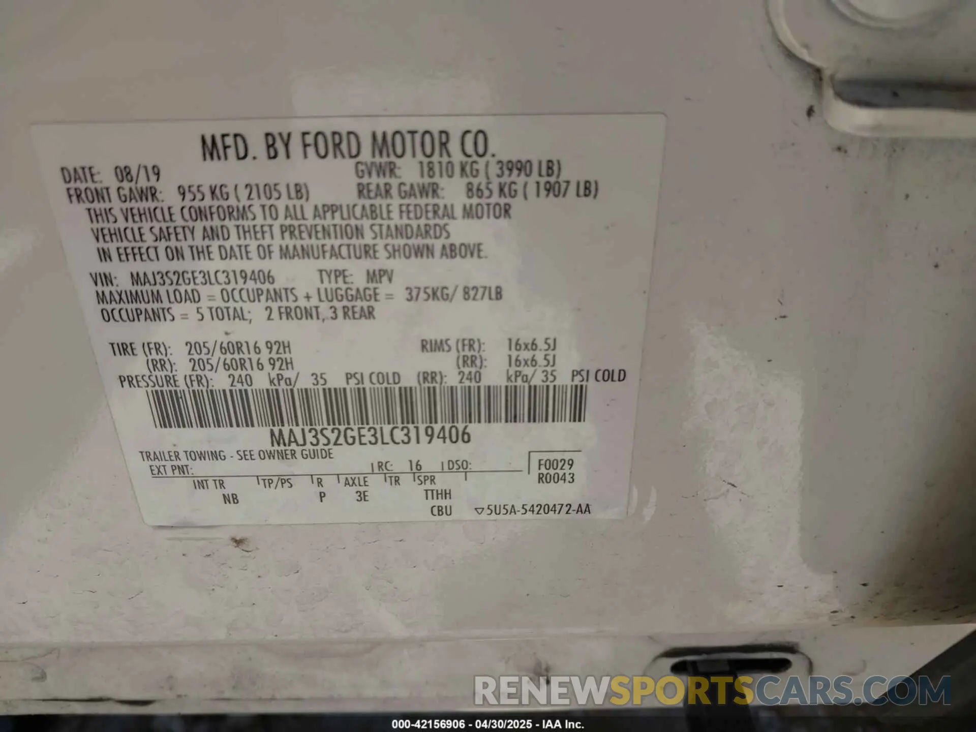 9 Photograph of a damaged car MAJ3S2GE3LC319406 FORD ECOSPORT 2020