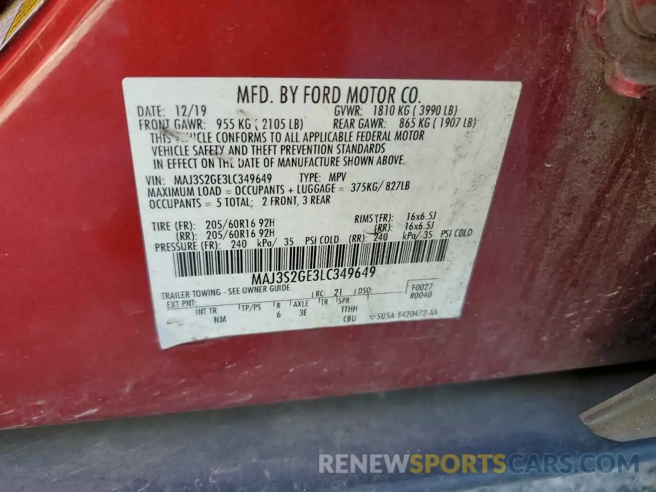 13 Photograph of a damaged car MAJ3S2GE3LC349649 FORD ECOSPORT 2020