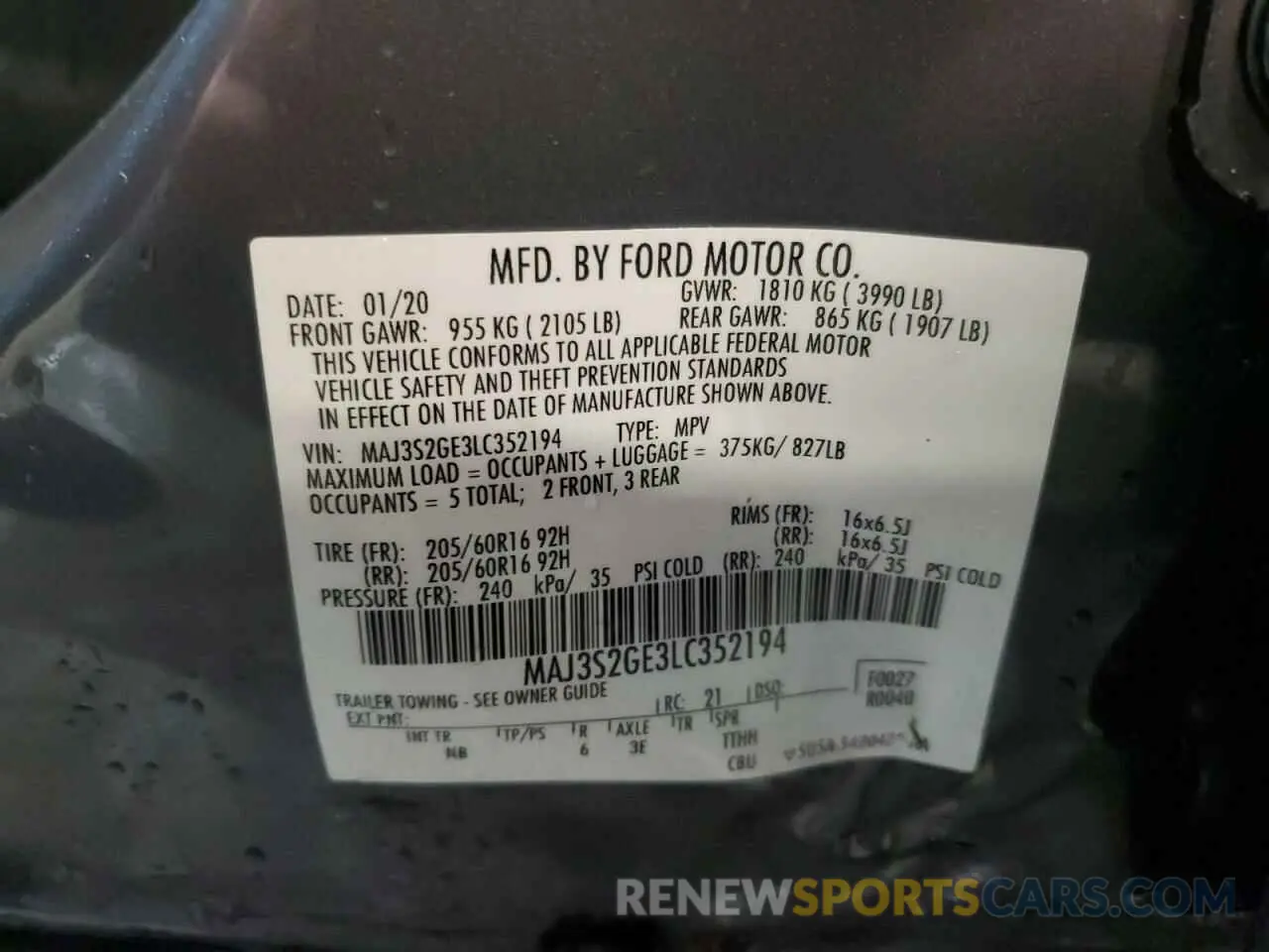 16 Photograph of a damaged car MAJ3S2GE3LC352194 FORD ECOSPORT 2020