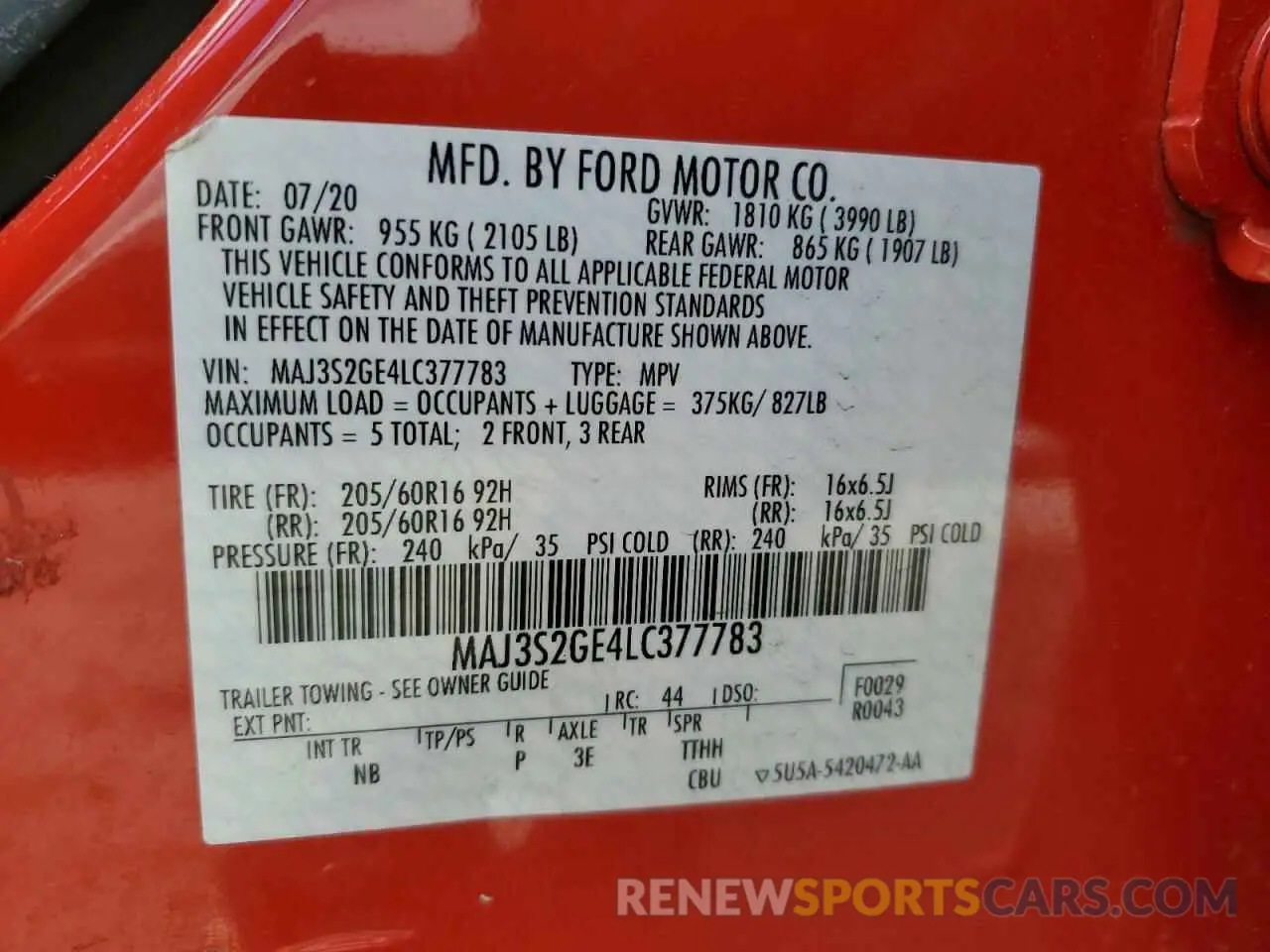 15 Photograph of a damaged car MAJ3S2GE4LC377783 FORD ECOSPORT 2020