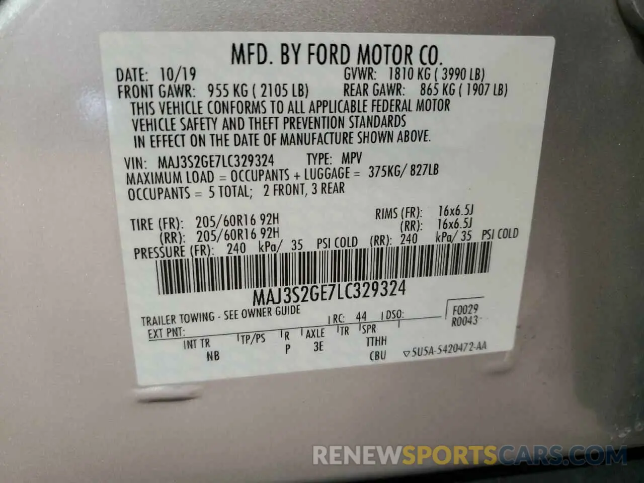 12 Photograph of a damaged car MAJ3S2GE7LC329324 FORD ECOSPORT 2020