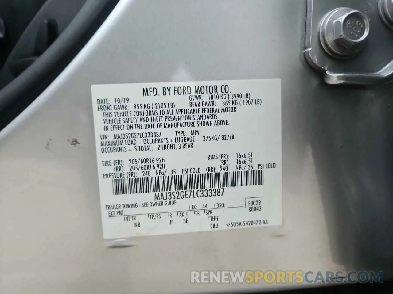 10 Photograph of a damaged car MAJ3S2GE7LC333387 FORD ECOSPORT 2020