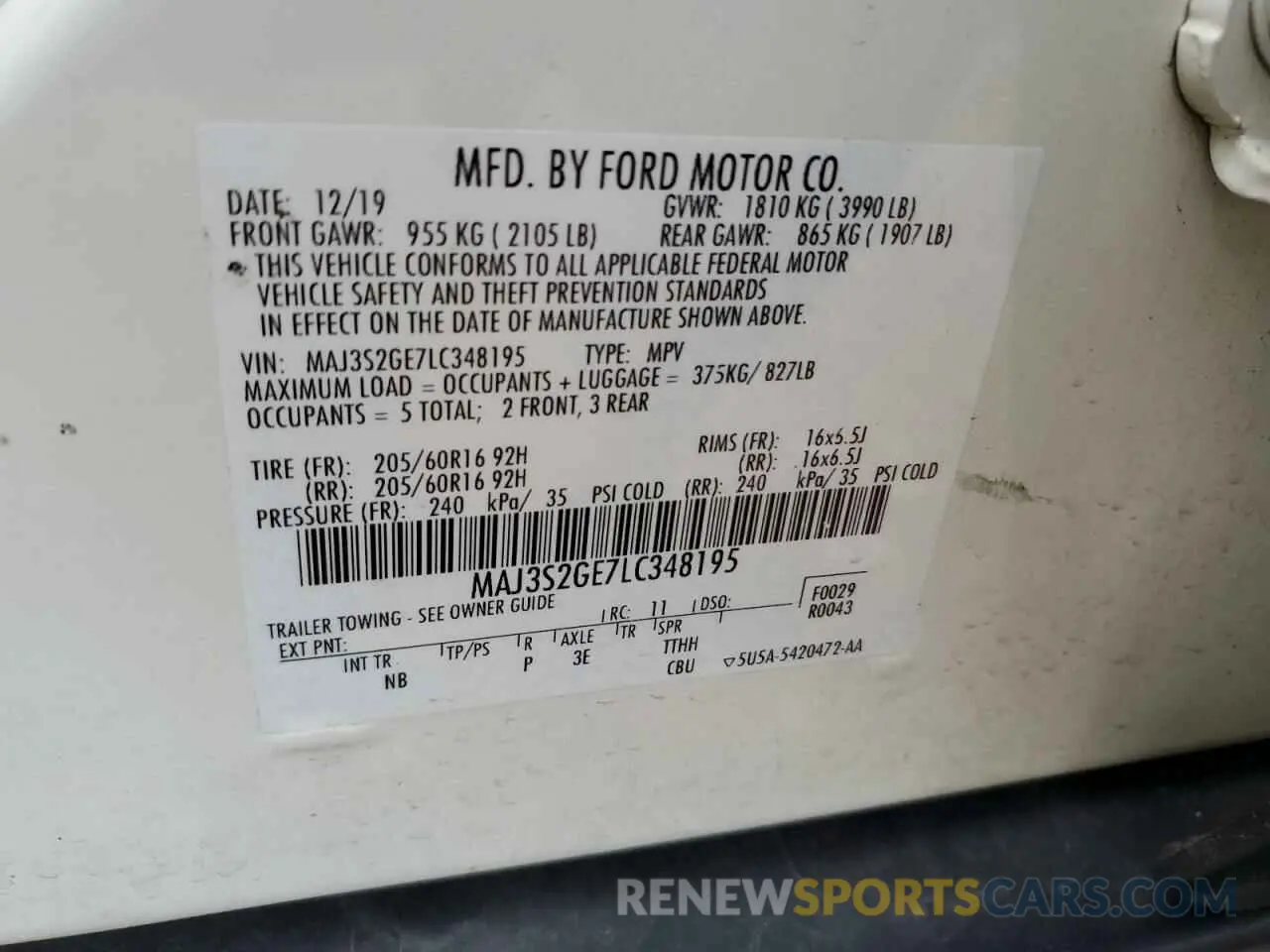 13 Photograph of a damaged car MAJ3S2GE7LC348195 FORD ECOSPORT 2020