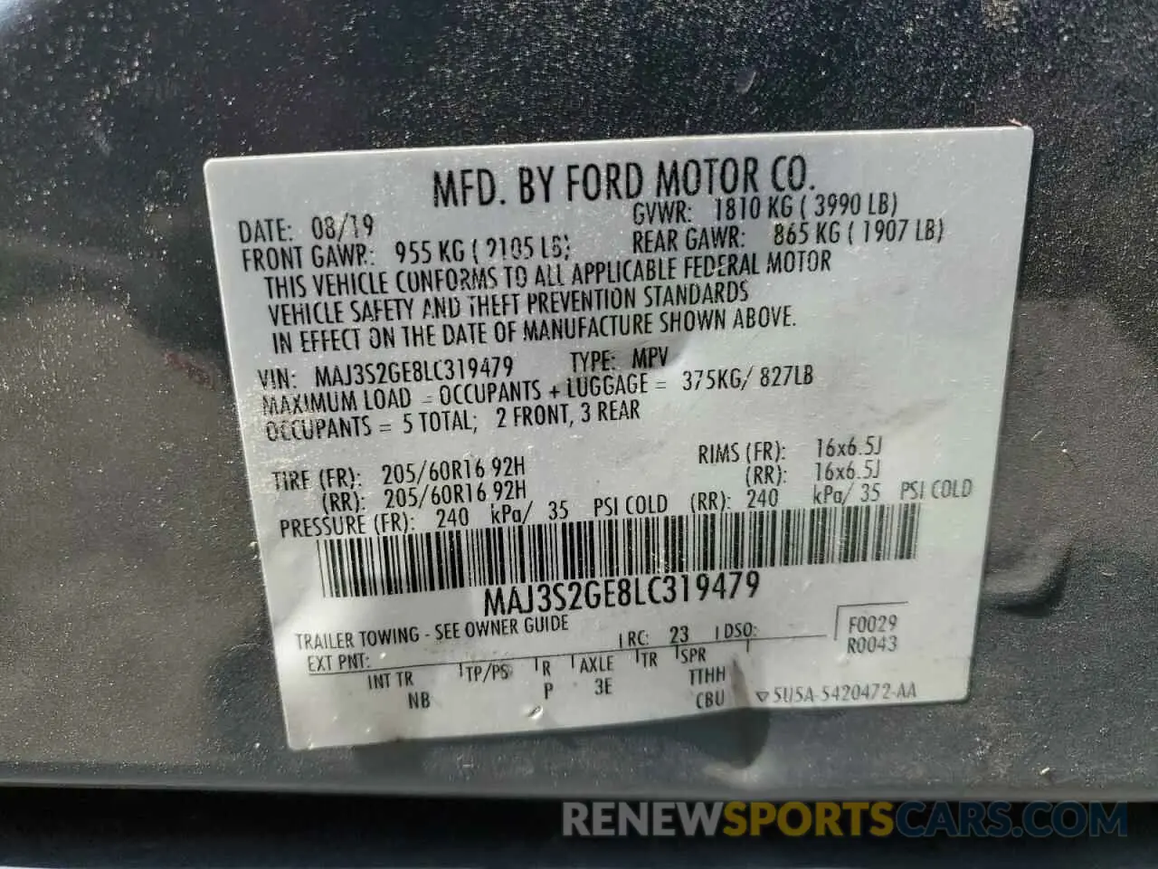 16 Photograph of a damaged car MAJ3S2GE8LC319479 FORD ECOSPORT 2020