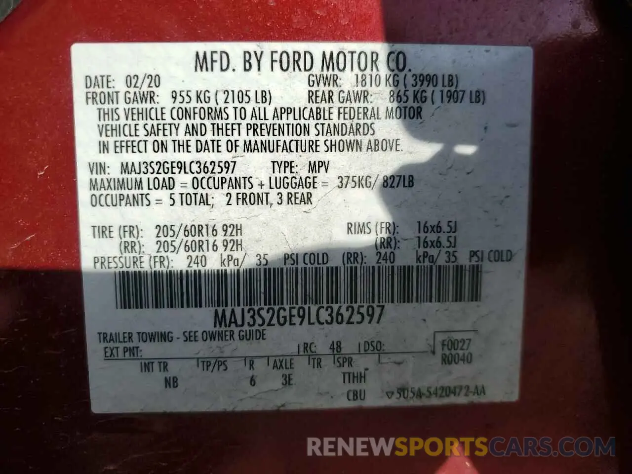 15 Photograph of a damaged car MAJ3S2GE9LC362597 FORD ECOSPORT 2020