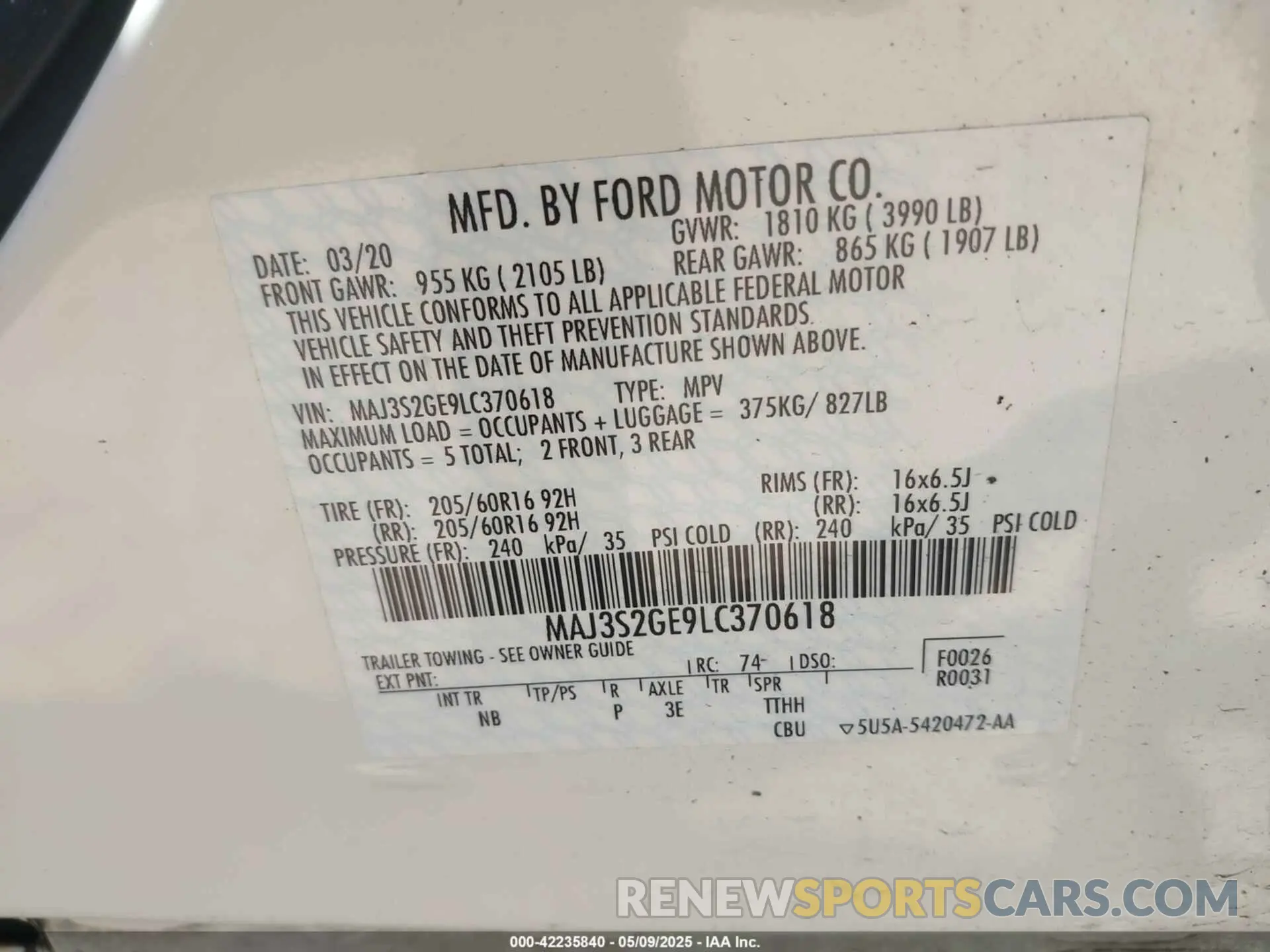 9 Photograph of a damaged car MAJ3S2GE9LC370618 FORD ECOSPORT 2020