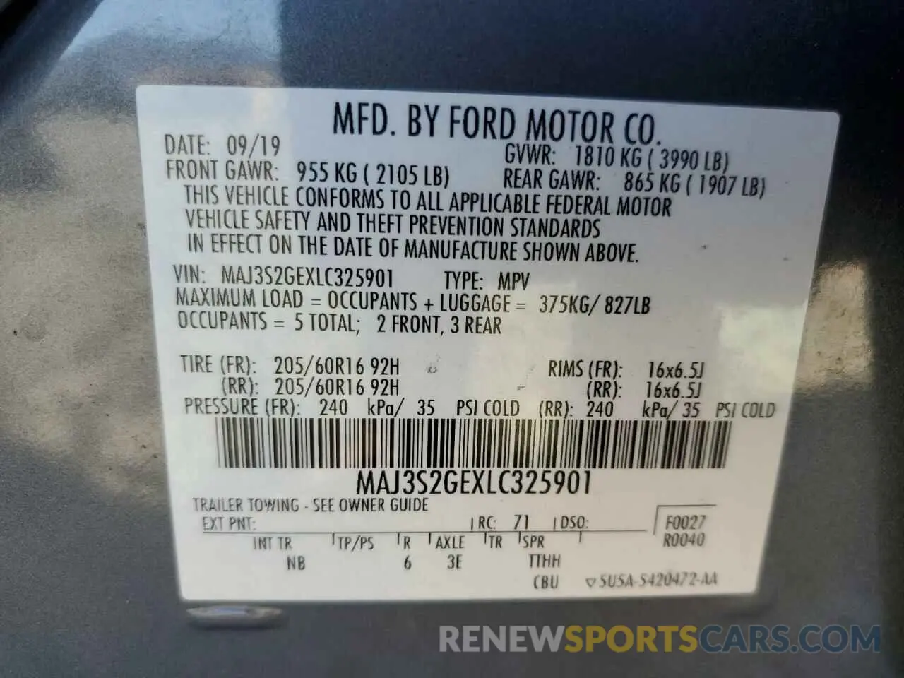 16 Photograph of a damaged car MAJ3S2GEXLC325901 FORD ECOSPORT 2020