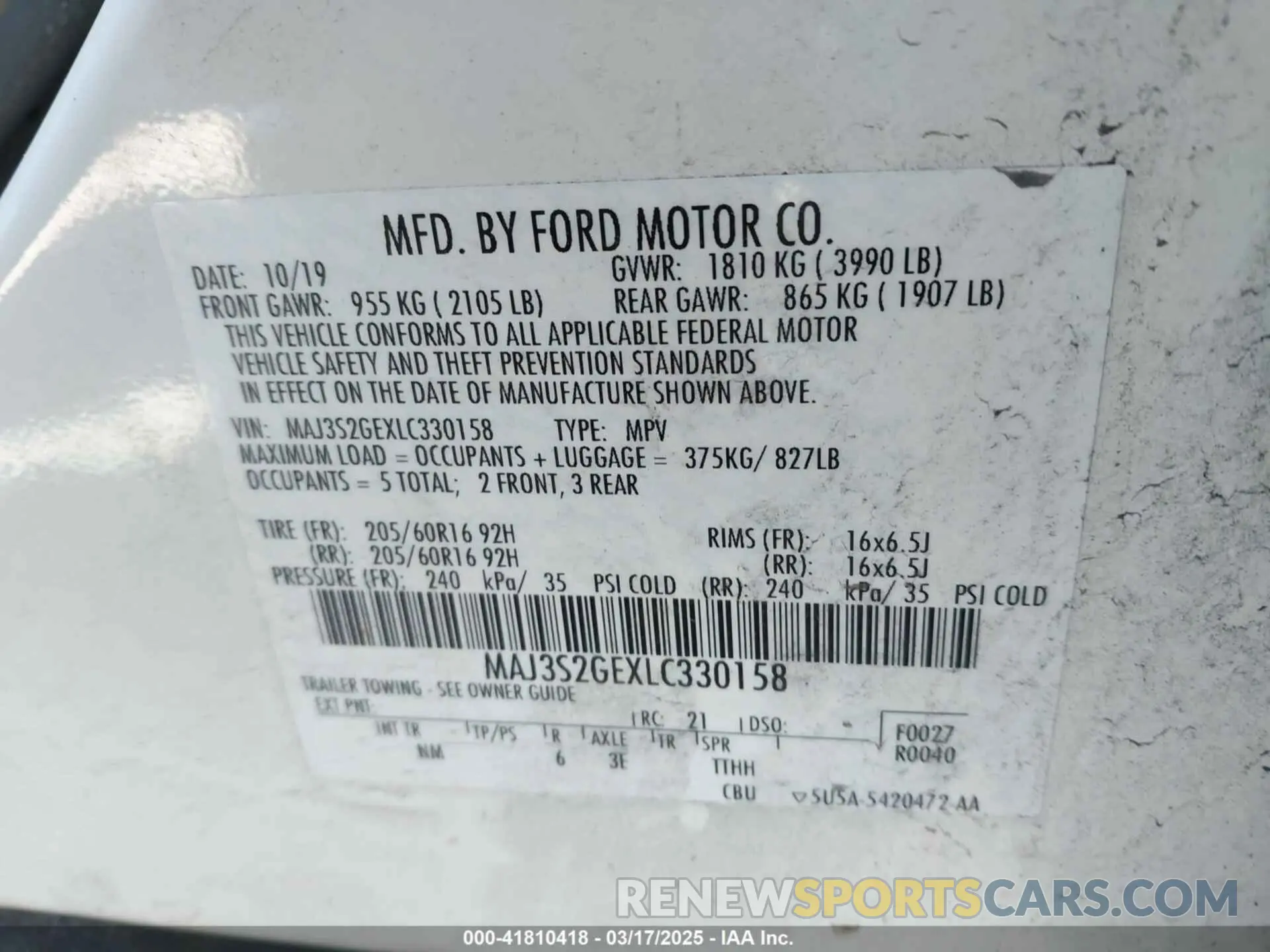 9 Photograph of a damaged car MAJ3S2GEXLC330158 FORD ECOSPORT 2020