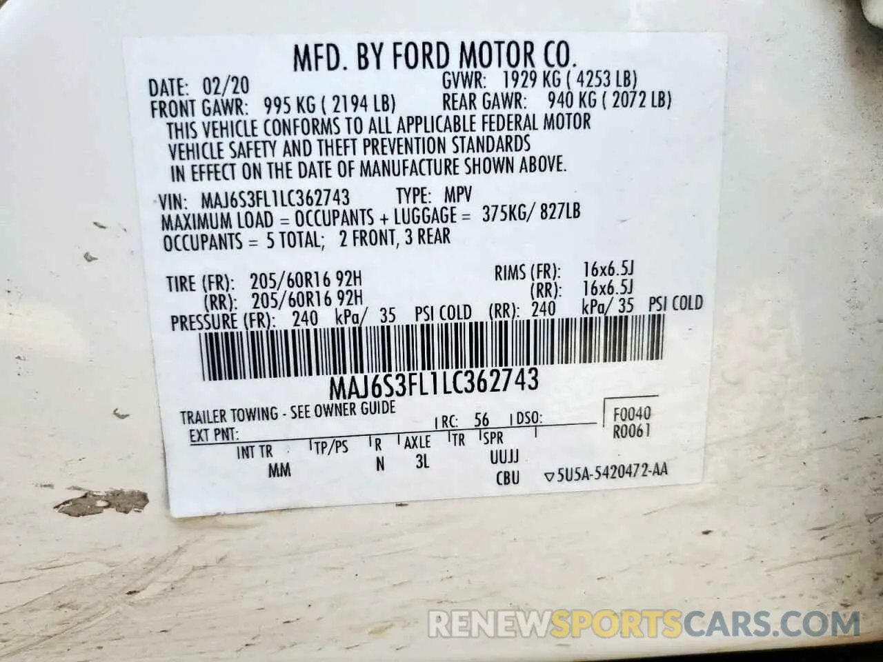 14 Photograph of a damaged car MAJ6S3FL1LC362743 FORD ECOSPORT 2020