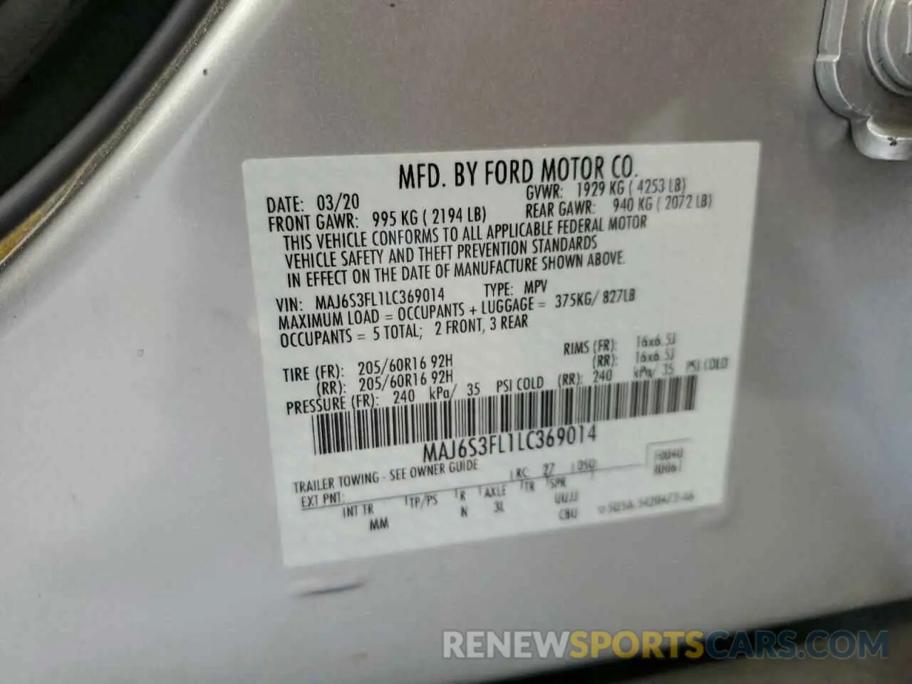 13 Photograph of a damaged car MAJ6S3FL1LC369014 FORD ECOSPORT 2020