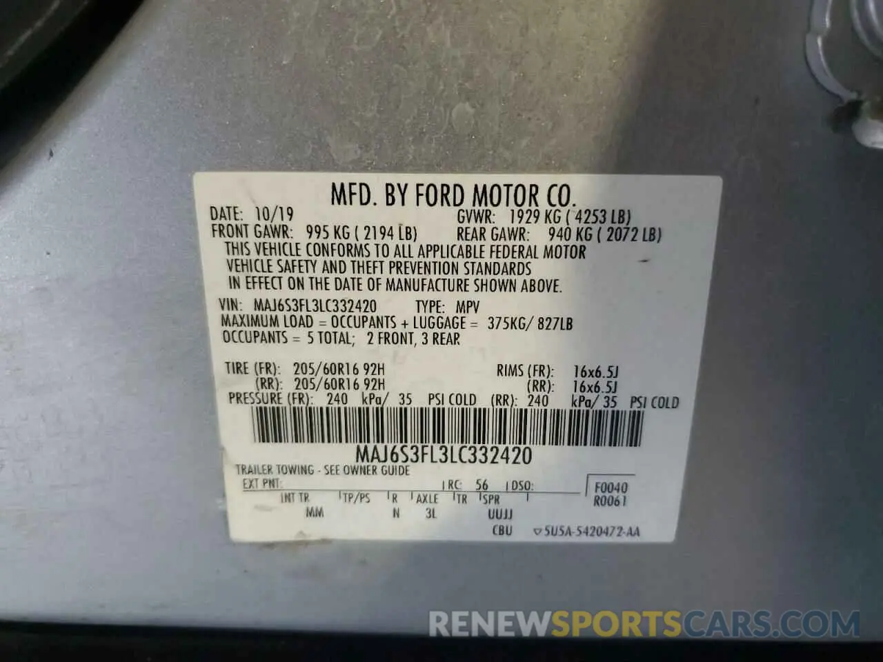 13 Photograph of a damaged car MAJ6S3FL3LC332420 FORD ECOSPORT 2020